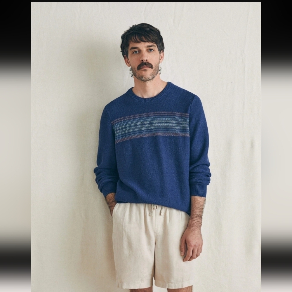 Faherty Men's Linen Blend Navy and Multicolor Crewneck Sweater